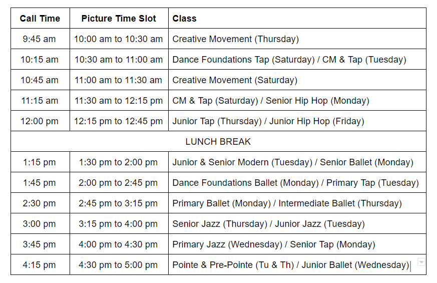 Schedule for Picture Day 2020