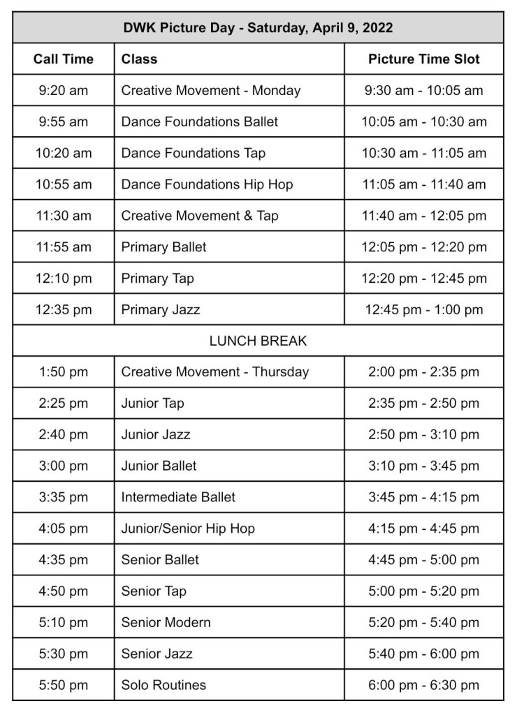 Listing of times and classes for 2022 Picture Day at DanceWorks Kenora.