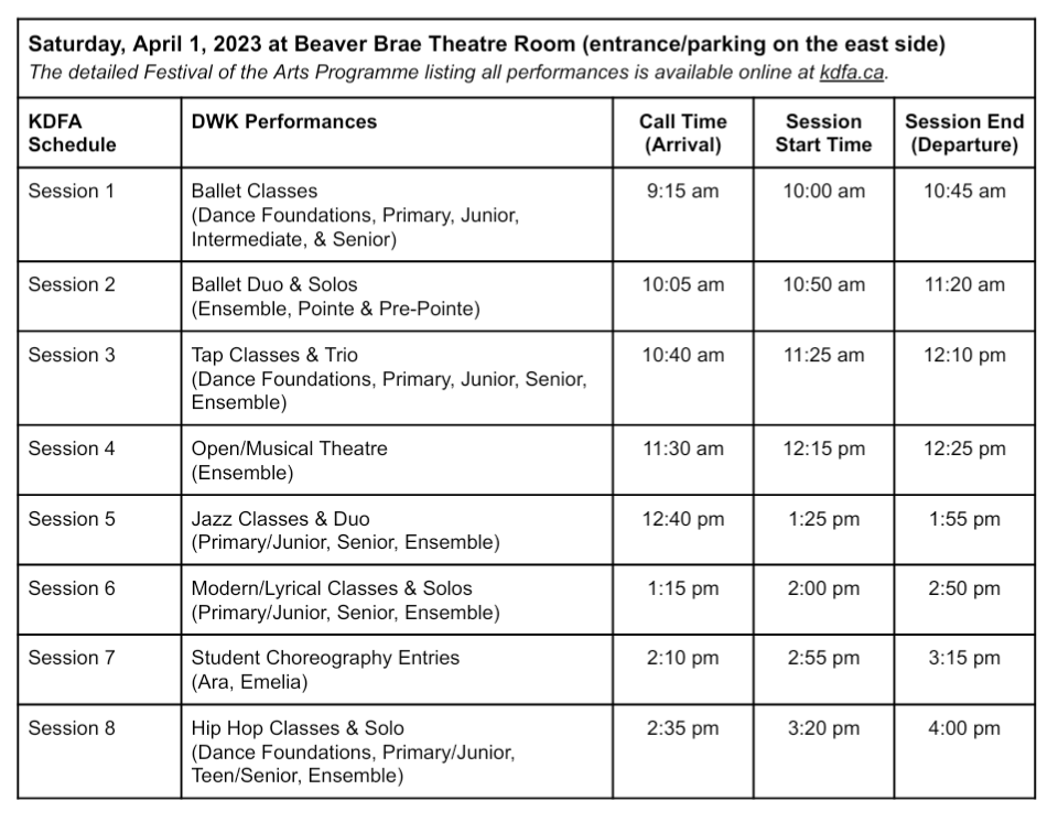 Schedule for DWK dancers with call times and session start/end times.