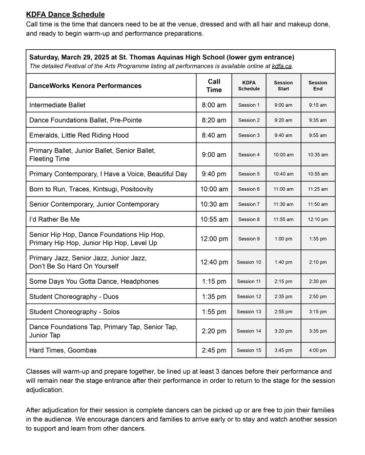 Schedule by class with call time and session times