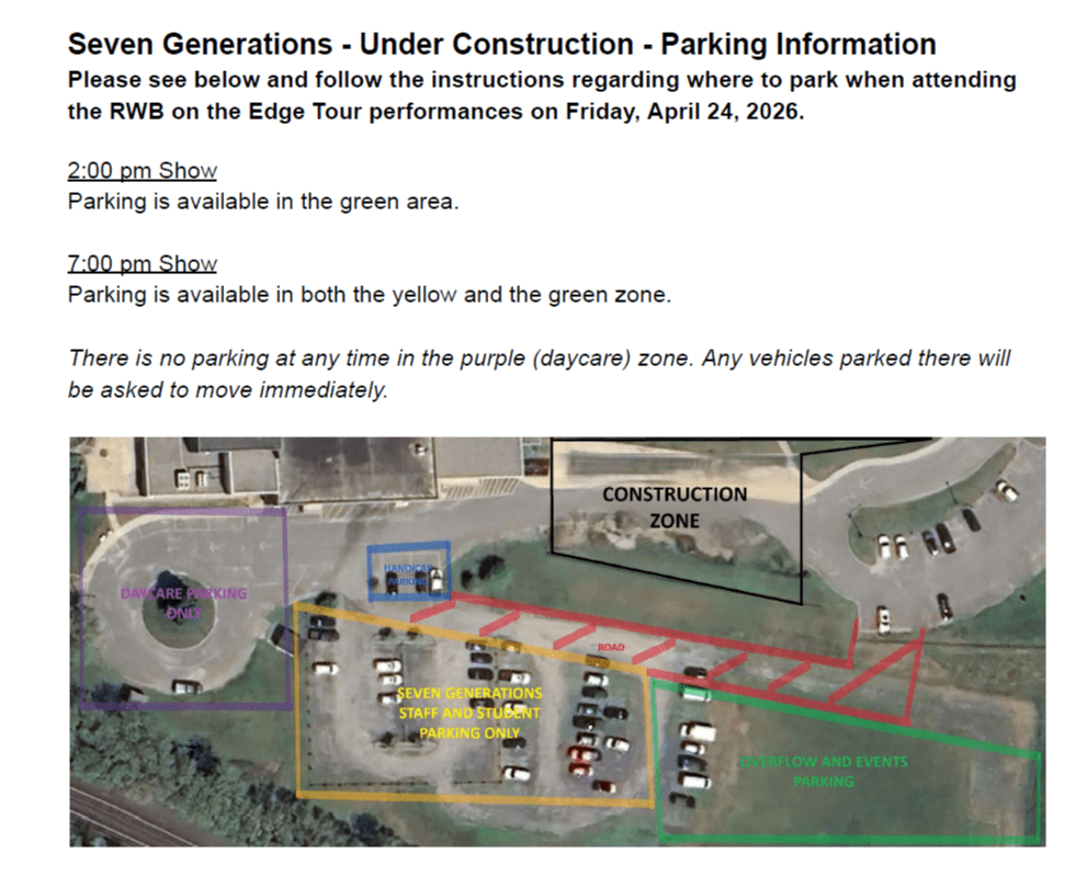 Parking descriptions and diagram for event at Seven Generations while under construction.
