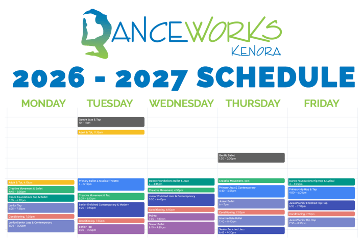 Calendar view of the DanceWorks Kenora 2026-2027 class schedule